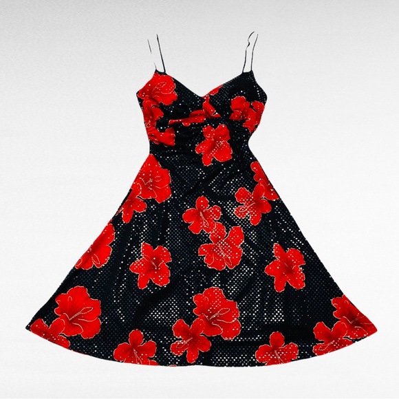 VINTAGE | 1990’s Dotted Hibiscus Florals Spaghetti Strap Shimmery Cocktail Dress - Picture 6 of 10